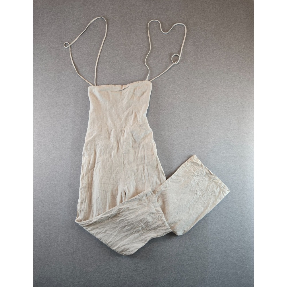 Reformation Jumpsuit Huntington Sz. 12 Oatmeal Open Back Linen Wide‎ Leg Lace Up